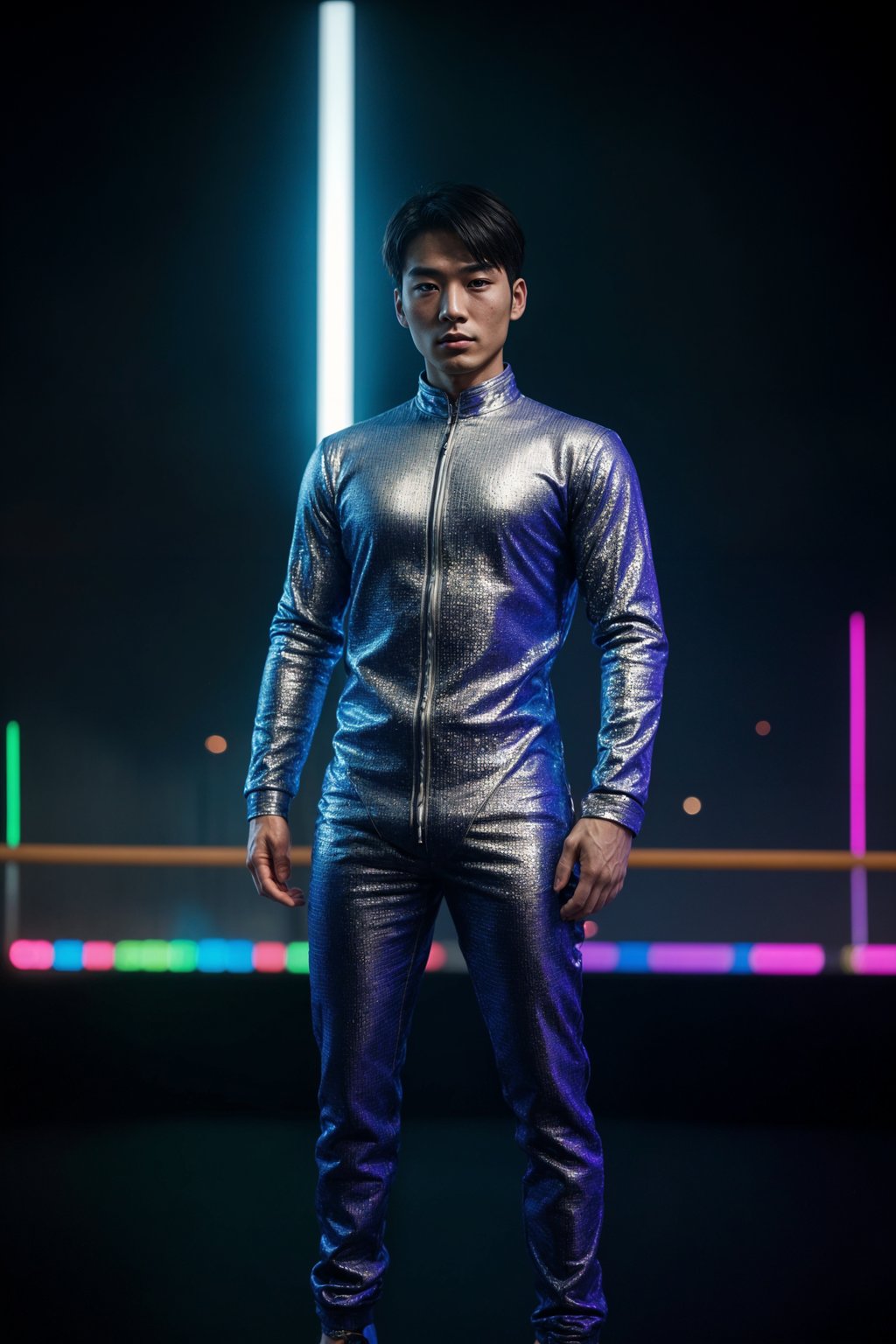 man wearing  holographic nightclub outfit in a cybernetic cityscape