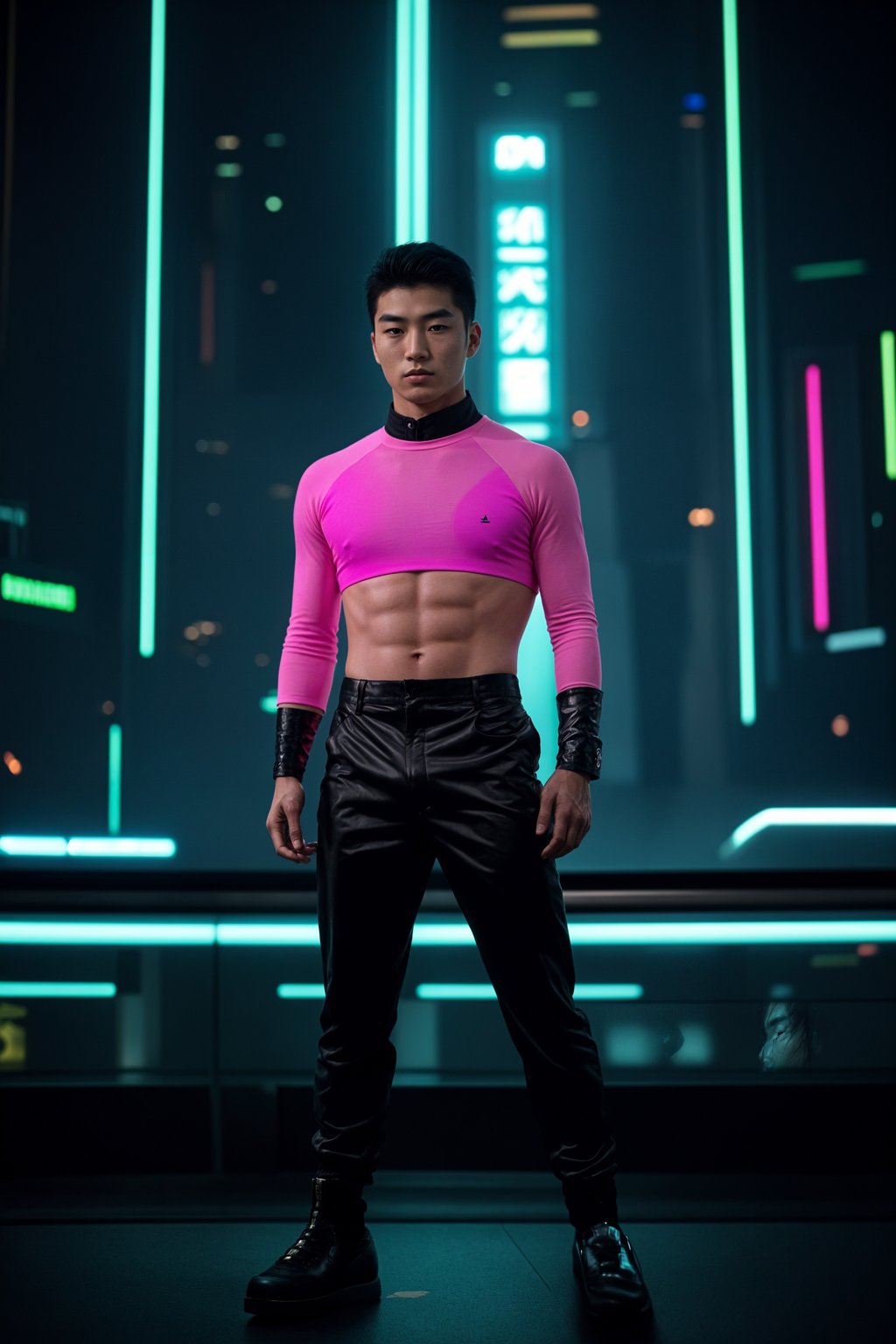 man wearing sleek leather pants with neon highlights and holographic top in a Bladerunner-inspired cityscape