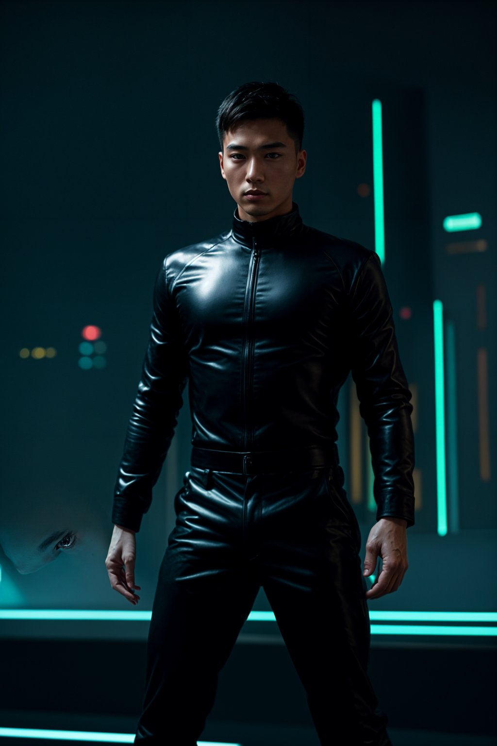 man wearing sleek leather pants with neon highlights and holographic top in a Bladerunner-inspired cityscape