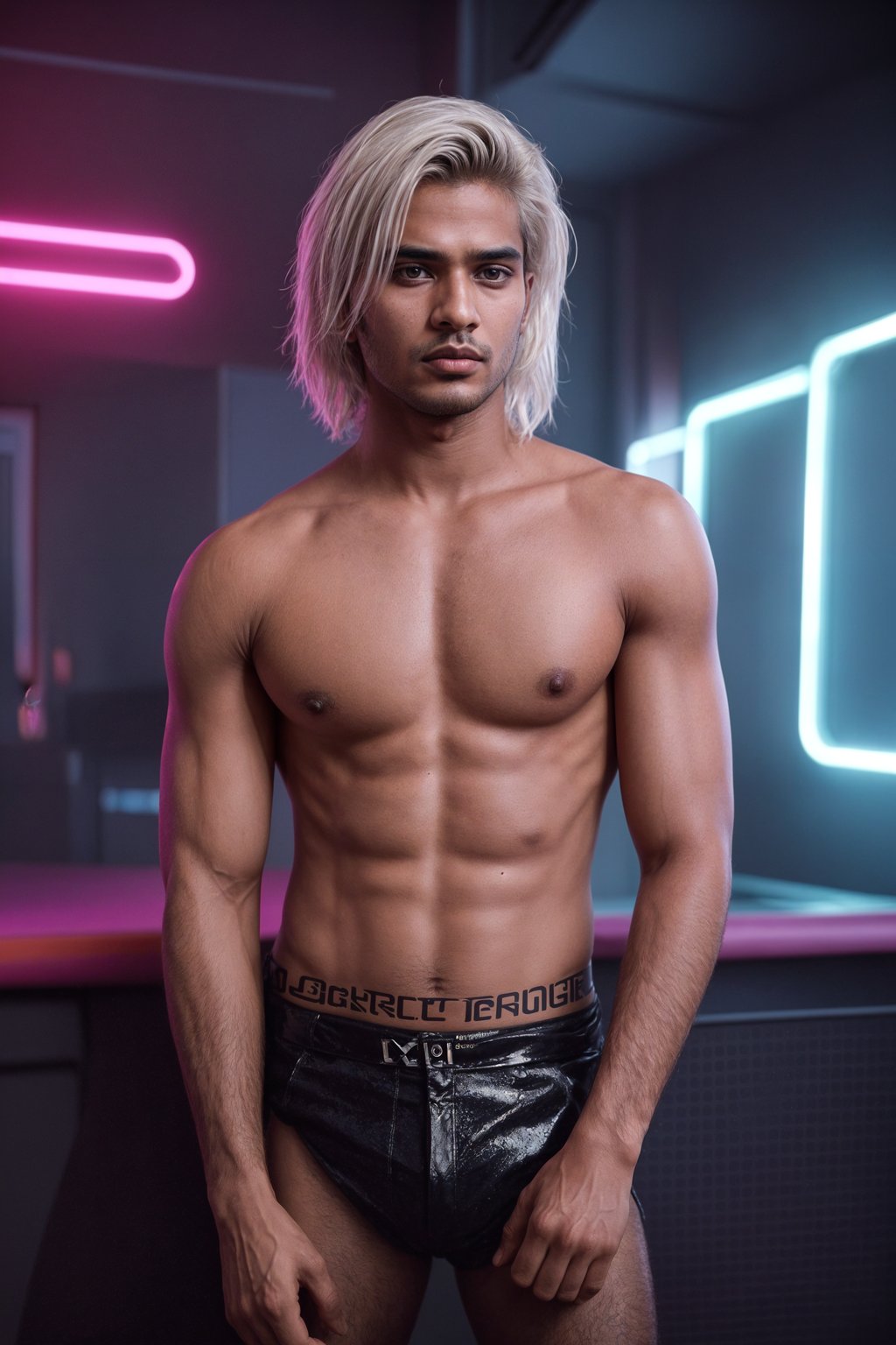 man with platinum blonde hair, in neon bar, cyberpunk, pink latex crop top, professional award winning photography, beautiful detailed eyes, highly detailed glossy eyes, high detailed skin, skin pores