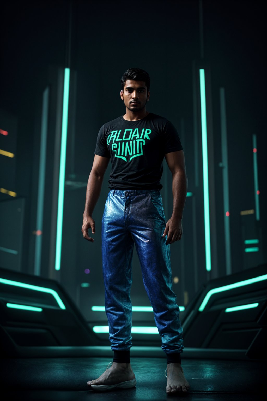 man wearing  holographic t-shirt and cybernetic trousers in a neon-lit Bladerunner-inspired cityscape