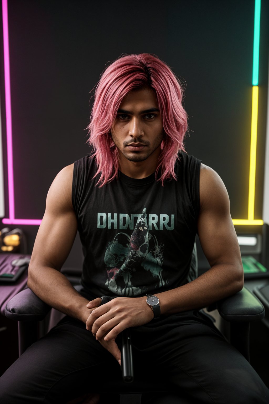 amazingly detailed man, masterpiece, ultra hd, full shot, dynamic angle, beautiful girl, computer gamer, gaming computer, gaming chair, playing cyberpunk 2077, neon bedroom, streamer setup, , cyberpunk theme, wild long hair, Wavy Cut with Curtain Bangs, bubblegum pink hair, high detail hair, smokey eye shadow, high detail skin, high detail eyes, seductive eyes, smokey makeup