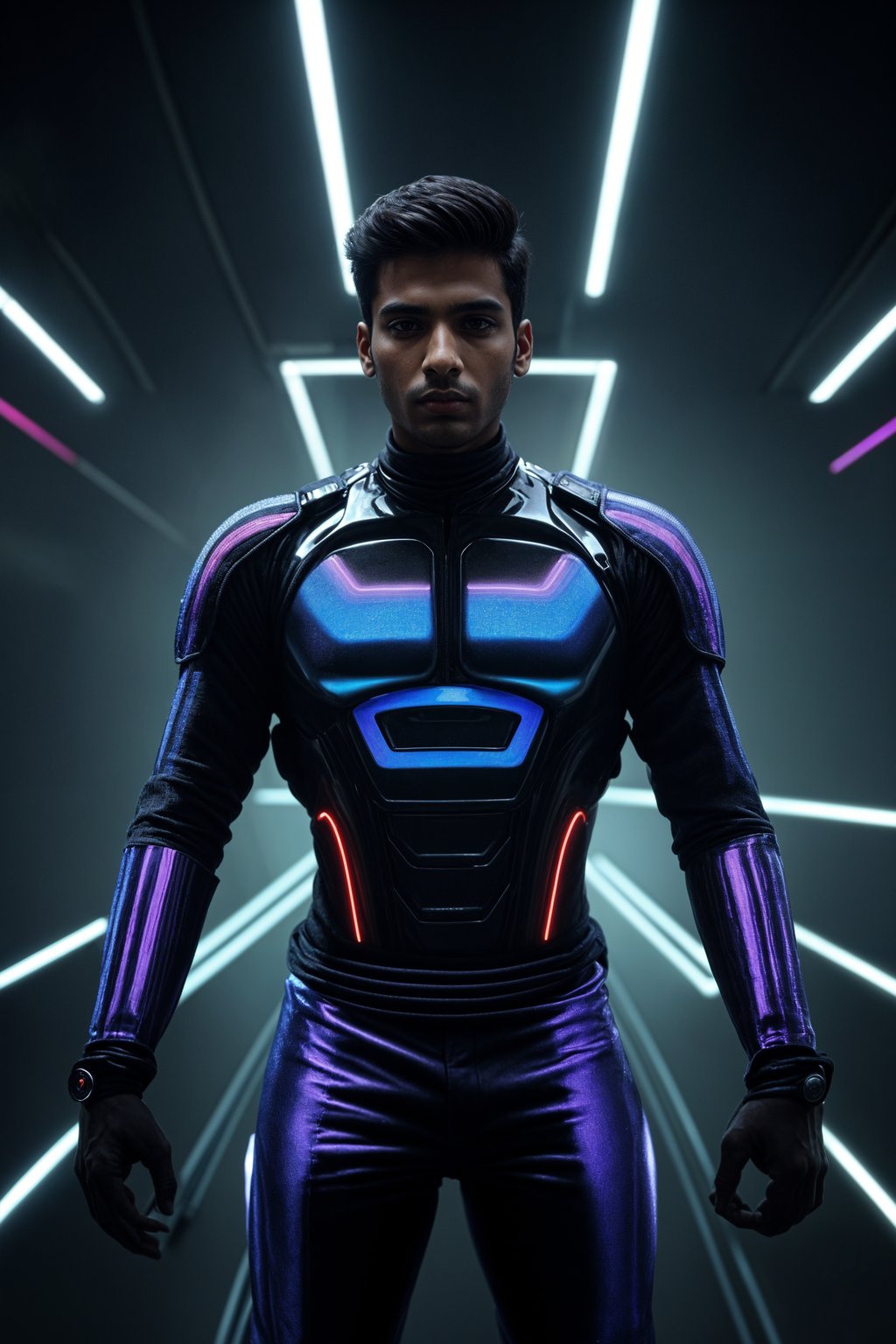 man wearing  holographic nightclub outfit in a cybernetic cityscape