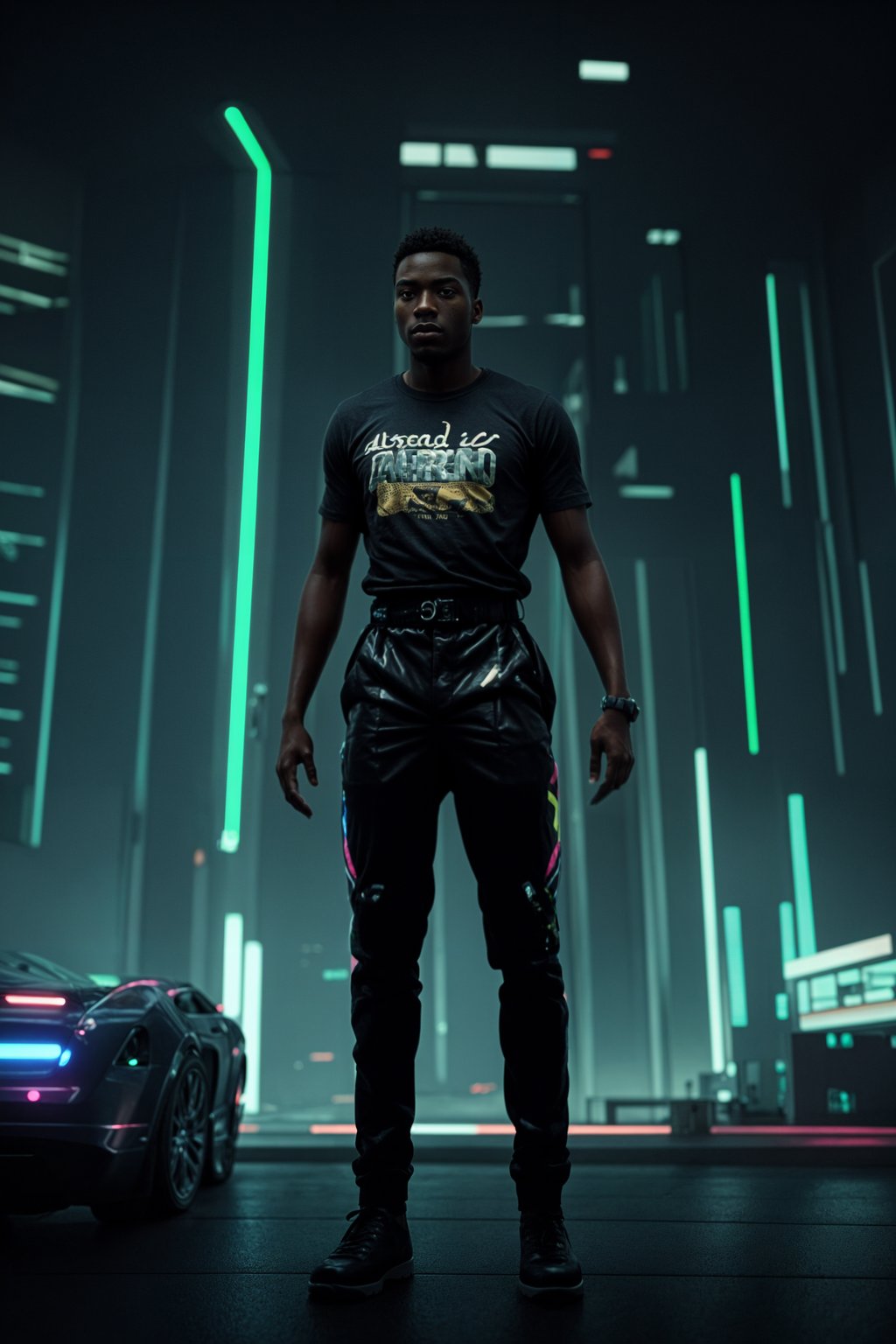 man wearing  holographic t-shirt and cybernetic trousers in a neon-lit Bladerunner-inspired cityscape