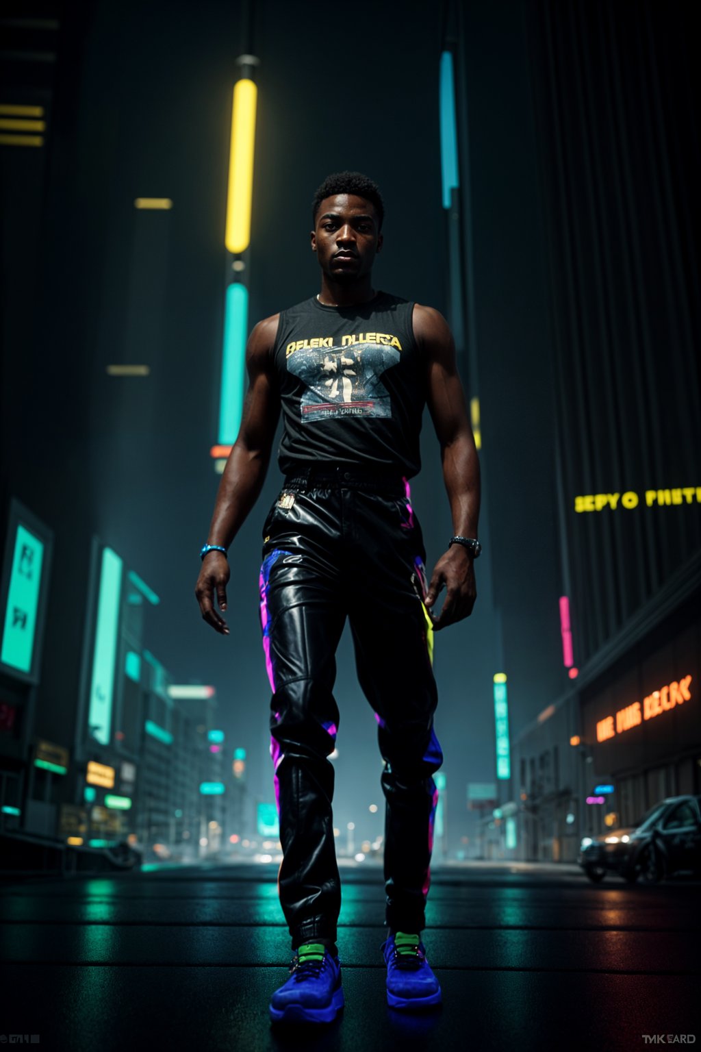 man wearing  holographic t-shirt and cybernetic trousers in a neon-lit Bladerunner-inspired cityscape