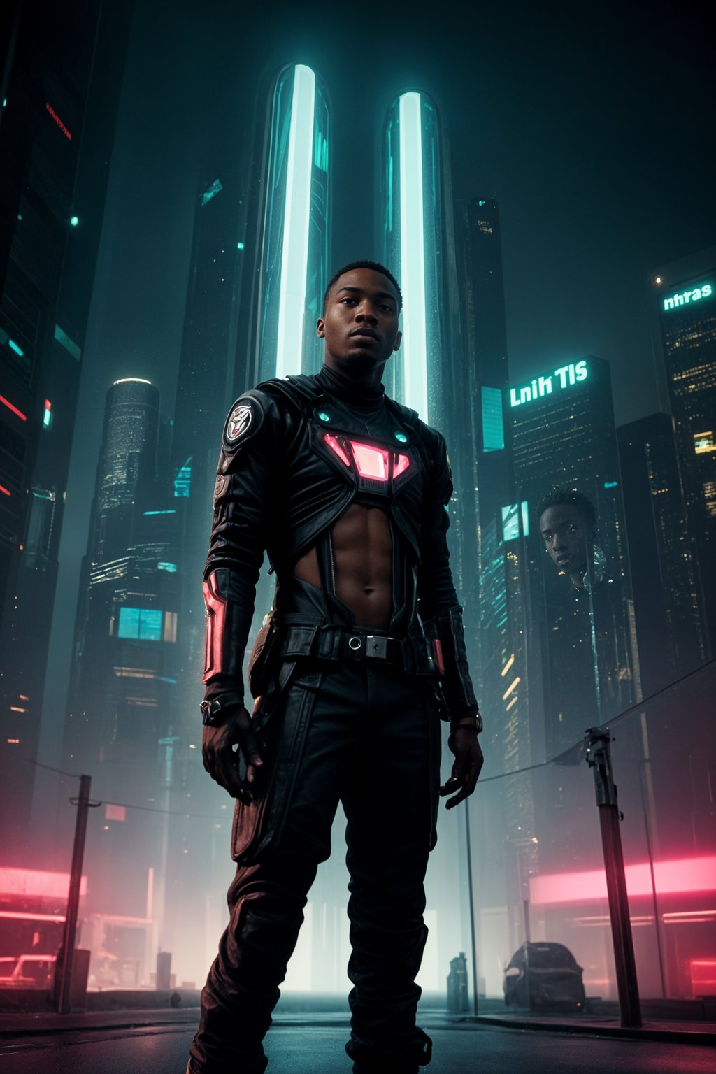 cyberpunk man with futuristic cyberpunk neon clothes standing in cyberpunk city with neon lights city on Mars in future, neon billboards, skyscrapers