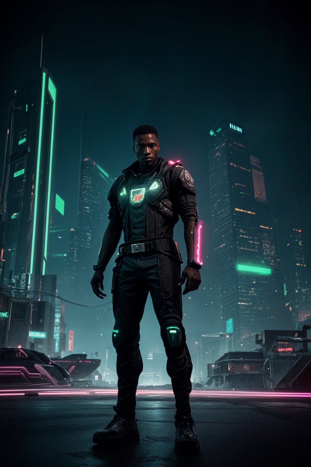 cyberpunk man with futuristic cyberpunk neon clothes standing in cyberpunk city with neon lights city on Mars in future, neon billboards, skyscrapers