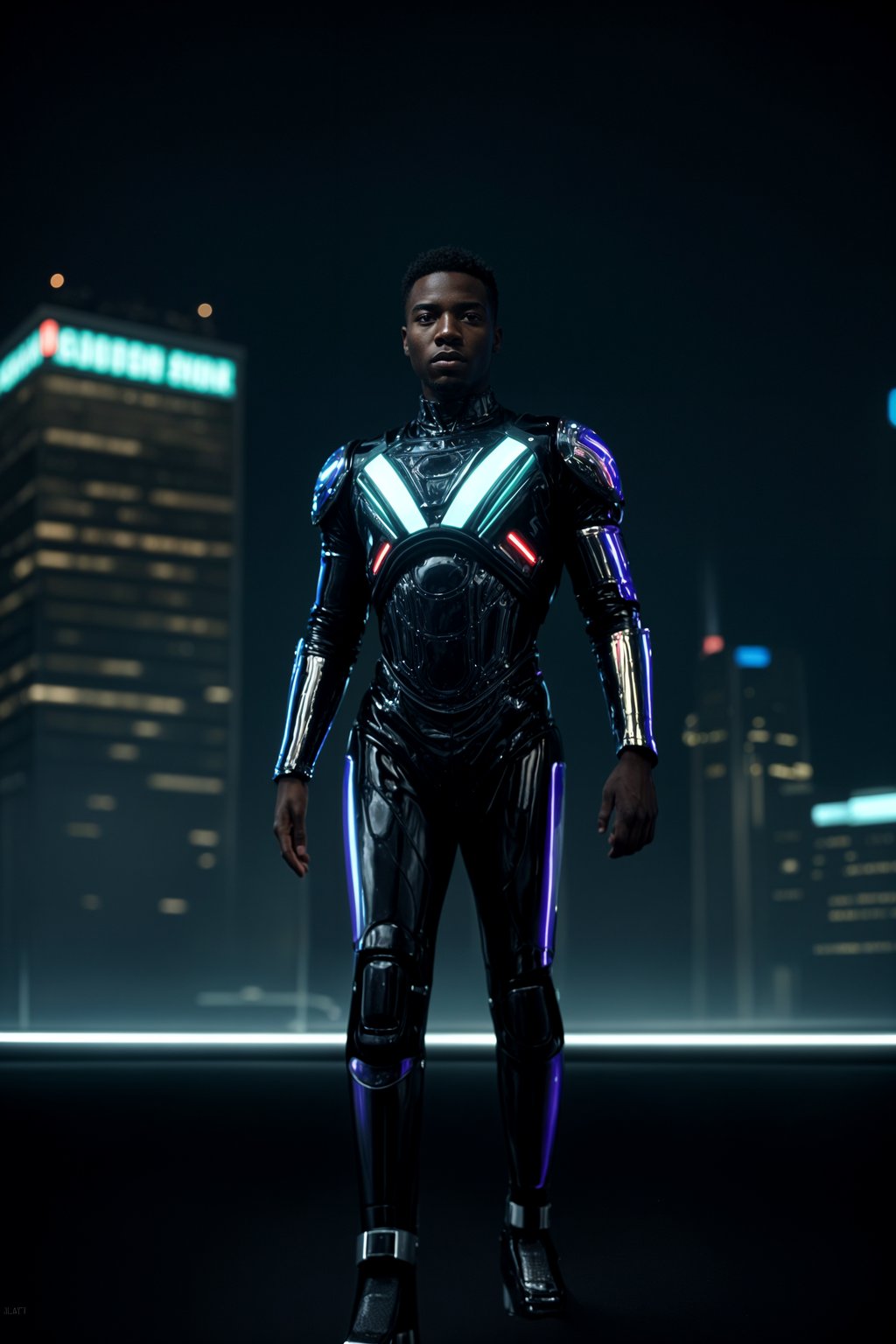 man wearing  holographic nightclub outfit in a cybernetic cityscape