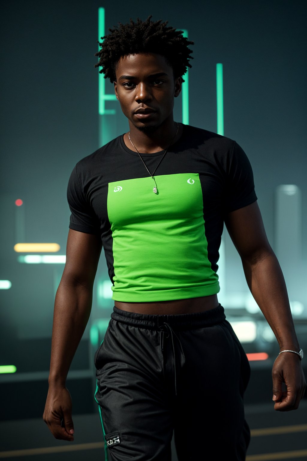 man wearing sporty neon  t-shirt and holographic joggers in a dystopian digital cityscape