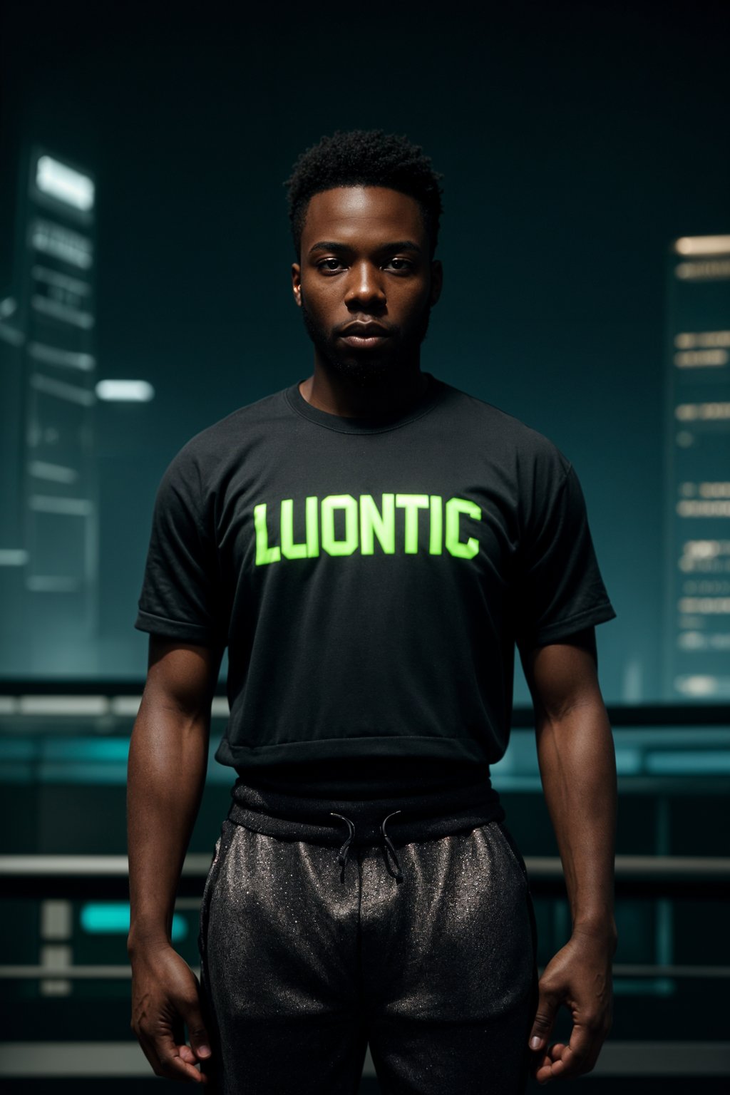 man wearing sporty neon  t-shirt and holographic joggers in a dystopian digital cityscape