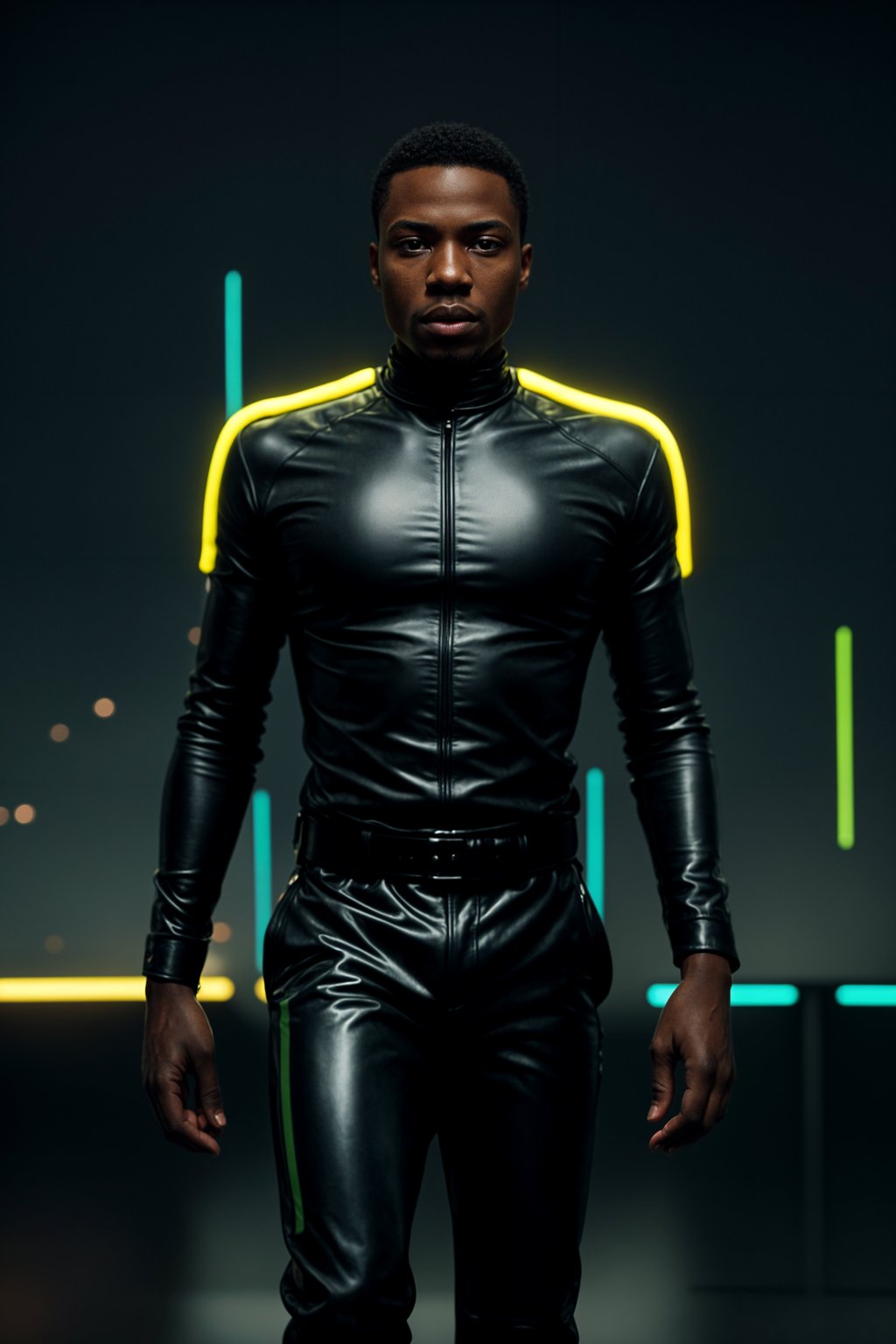 man wearing sleek leather pants with neon highlights and holographic top in a Bladerunner-inspired cityscape