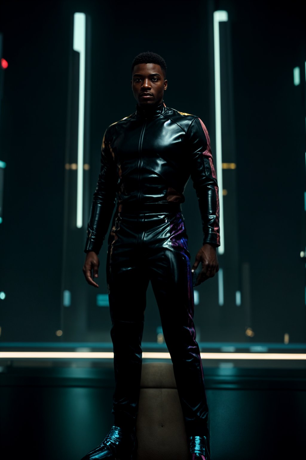 man wearing sleek leather pants with neon highlights and holographic top in a Bladerunner-inspired cityscape