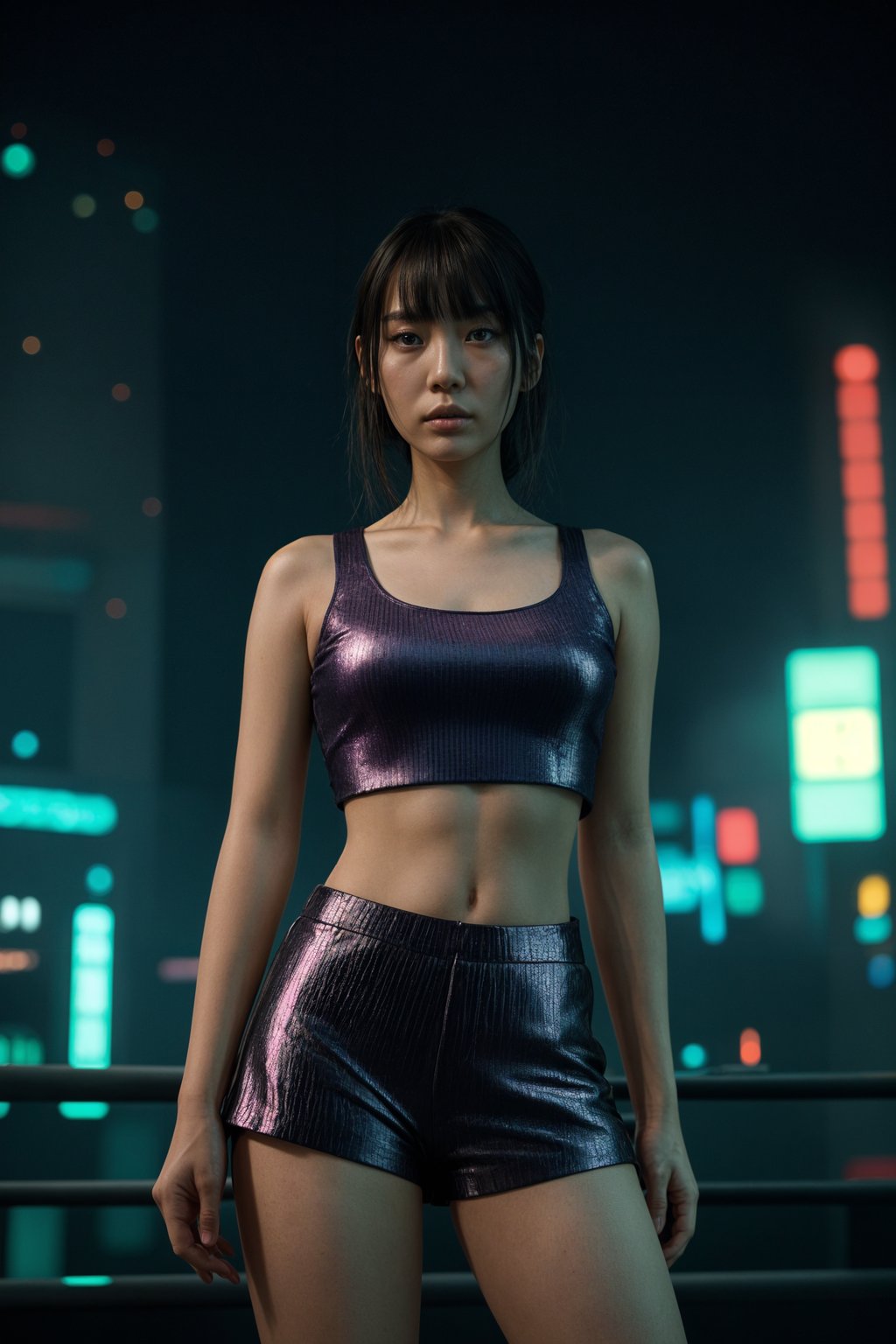 woman wearing holographic crop top and digital shorts  in a neon-lit Bladerunner-inspired cityscape