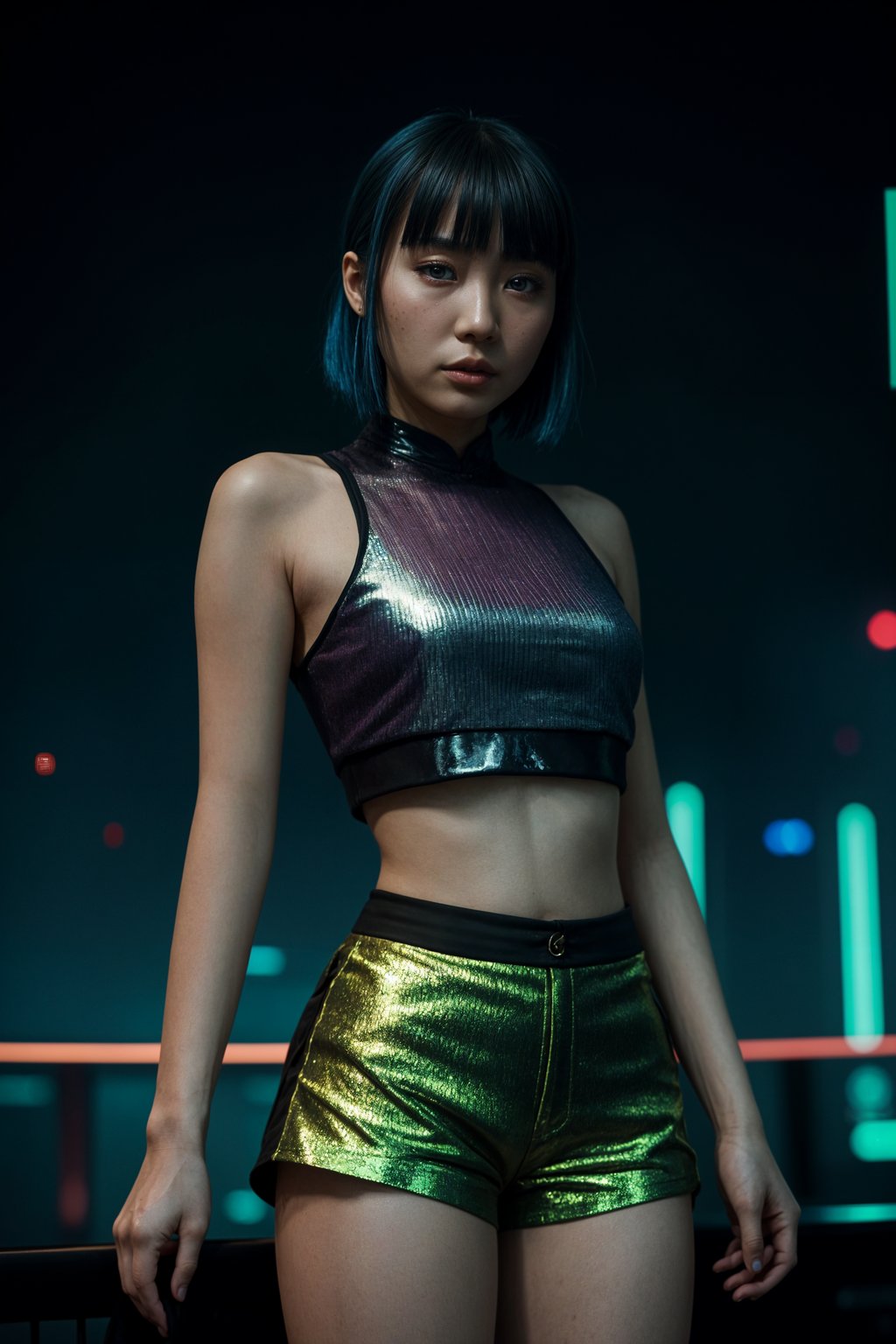 woman wearing holographic crop top and digital shorts  in a neon-lit Bladerunner-inspired cityscape