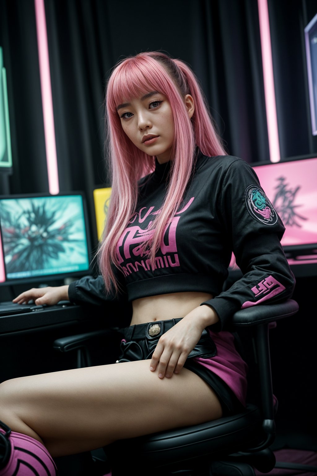 amazingly detailed woman, masterpiece, ultra hd, full shot, dynamic angle, beautiful girl, computer gamer, gaming computer, gaming chair, playing cyberpunk 2077, neon bedroom, streamer setup, , cyberpunk theme, wild long hair, Wavy Cut with Curtain Bangs, bubblegum pink hair, high detail hair, smokey eye shadow, high detail skin, high detail eyes, seductive eyes, smokey makeup