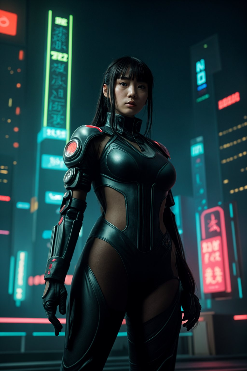 cyberpunk woman with futuristic cyberpunk neon clothes standing in cyberpunk city with neon lights city on Mars in future, neon billboards, skyscrapers