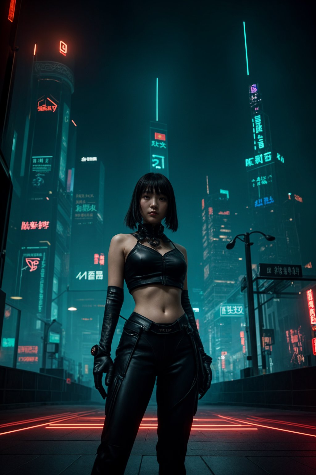 cyberpunk woman with futuristic cyberpunk neon clothes standing in cyberpunk city with neon lights city on Mars in future, neon billboards, skyscrapers