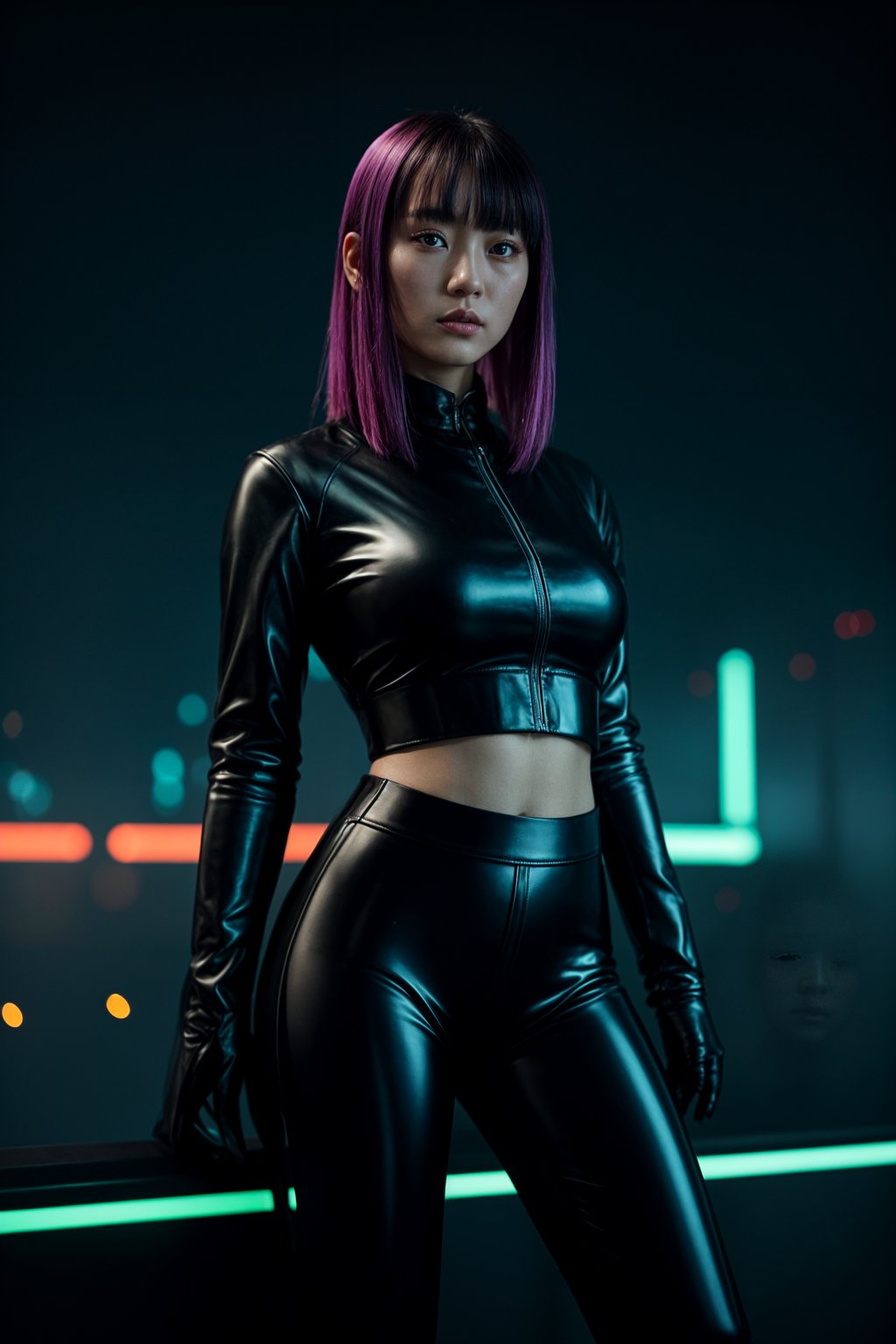 woman wearing sleek leather pants with neon highlights and holographic top in a Bladerunner-inspired cityscape