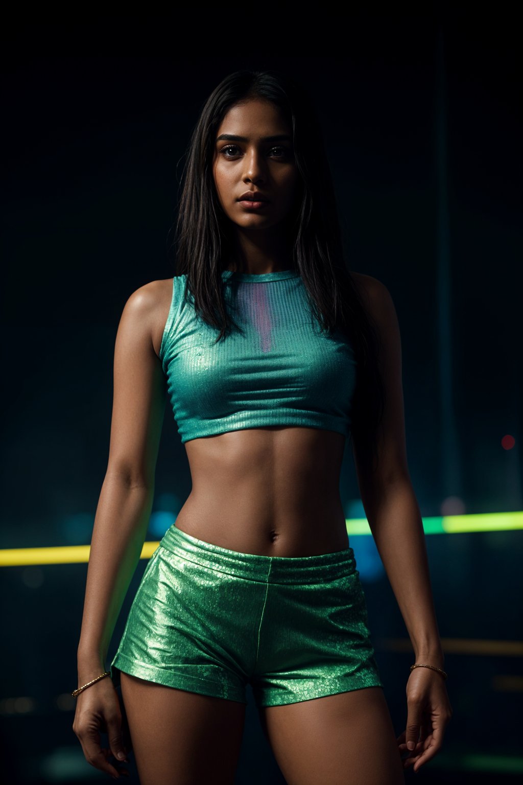 woman wearing holographic crop top and digital shorts  in a neon-lit Bladerunner-inspired cityscape