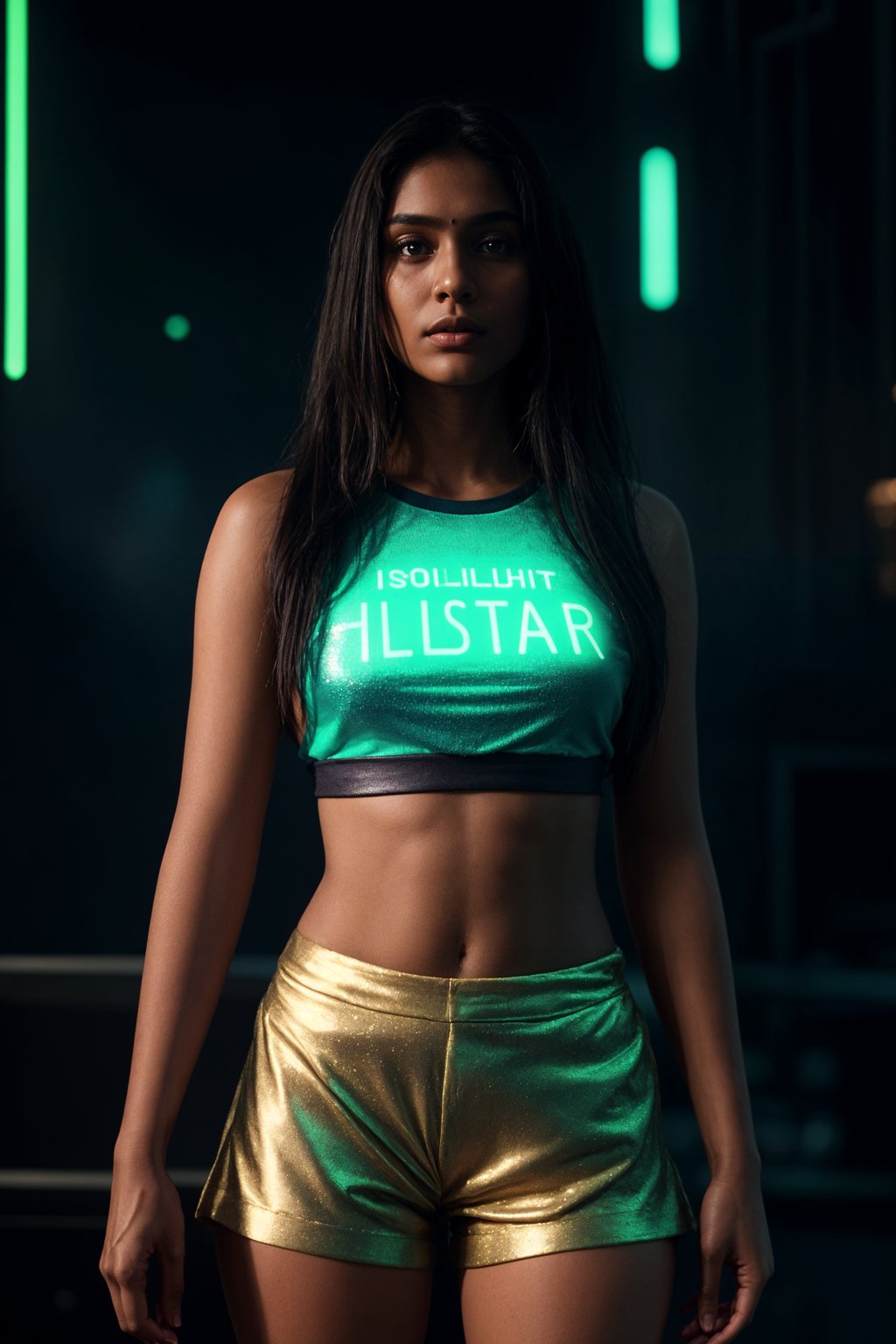 woman wearing holographic crop top and digital shorts  in a neon-lit Bladerunner-inspired cityscape