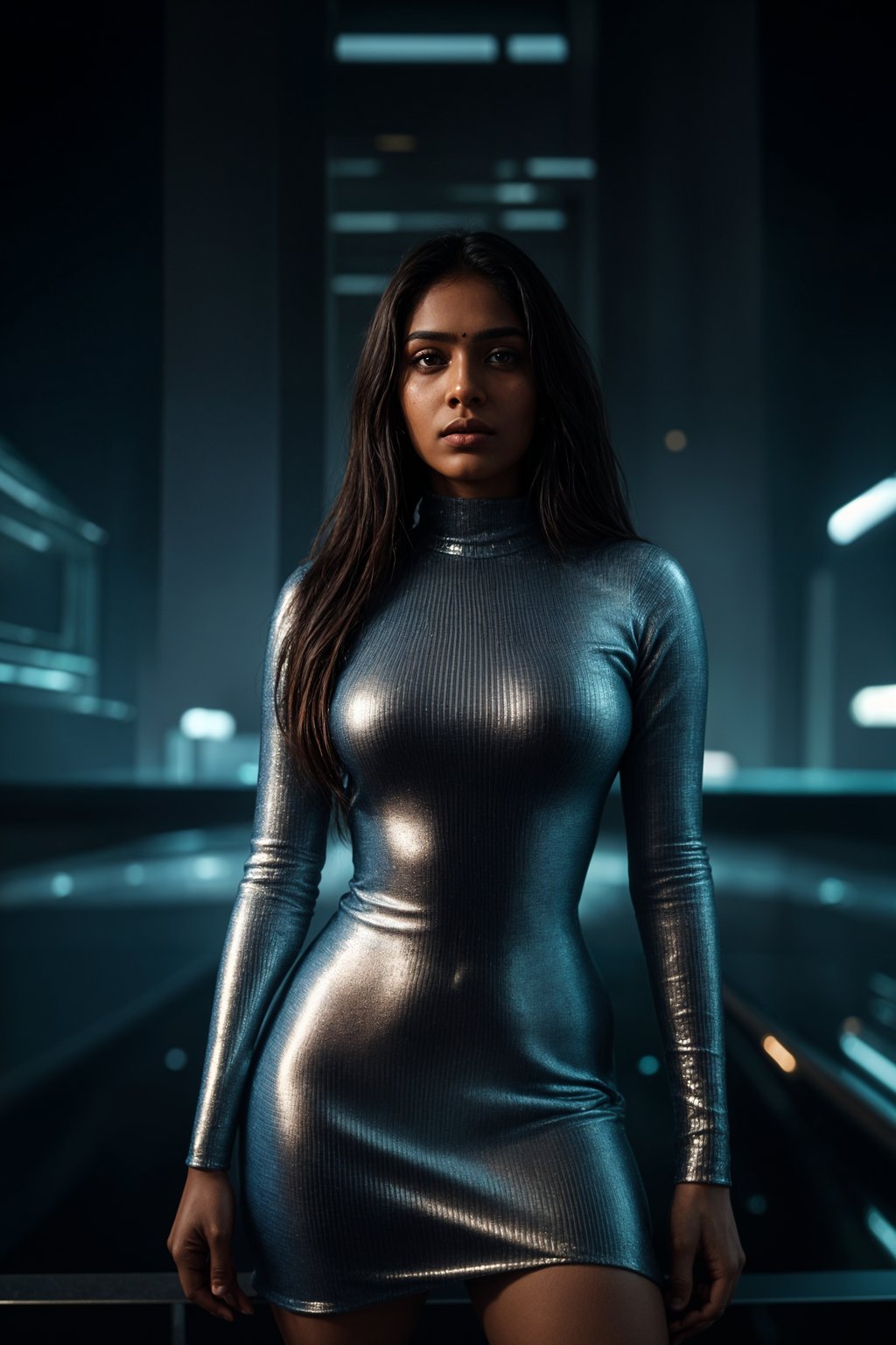 woman wearing holographic bodycon dress  in a cybernetic cityscape