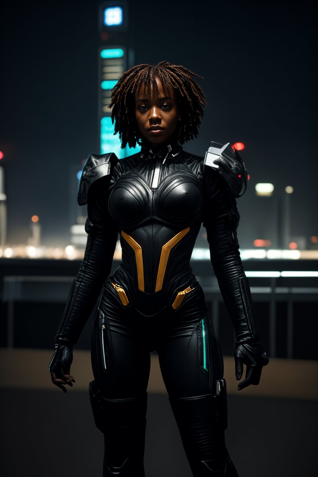 cosplayer woman in a cyberpunk outfit, posing against the backdrop of bright city lights