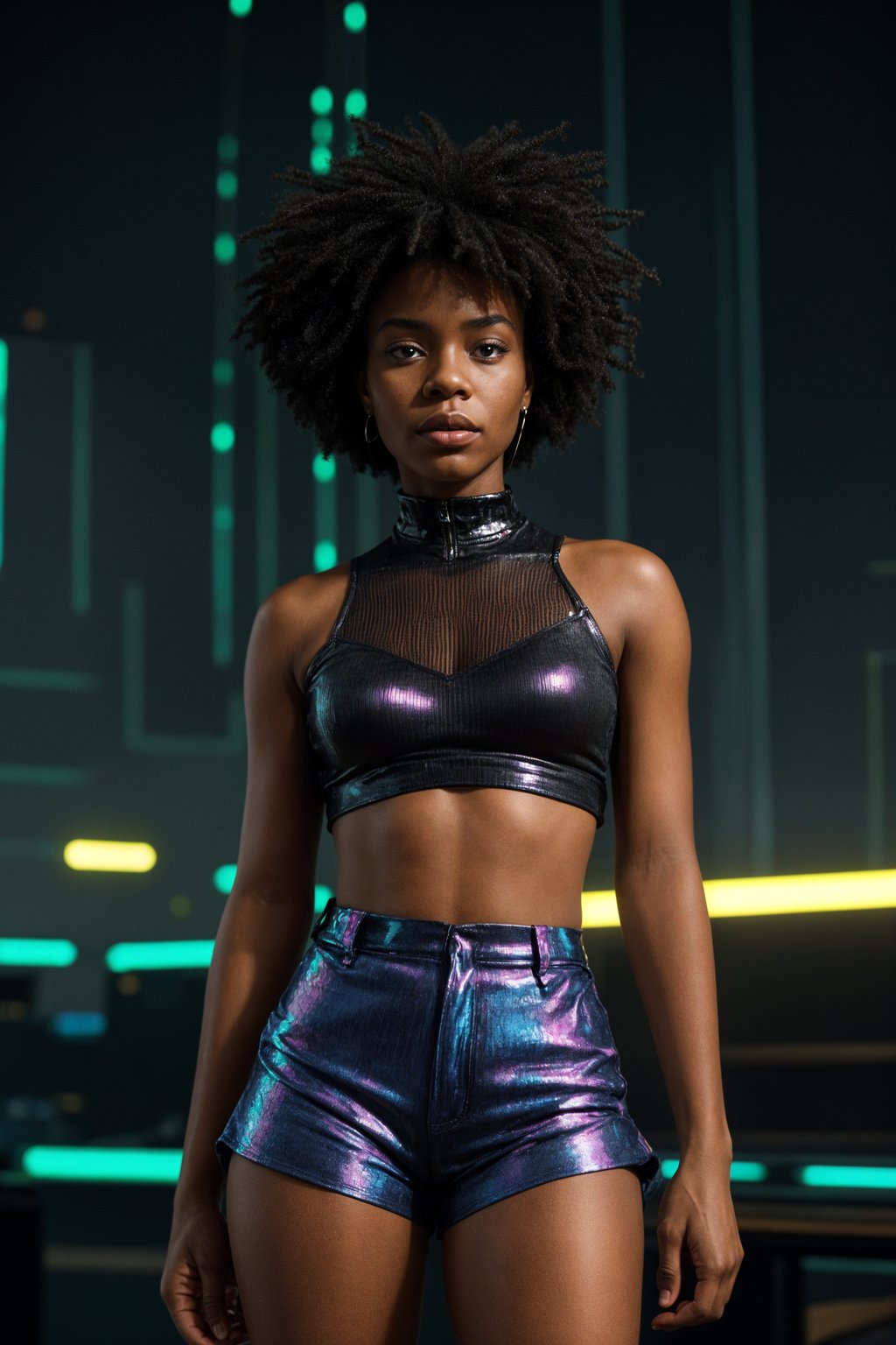 woman wearing holographic crop top and digital shorts  in a neon-lit Bladerunner-inspired cityscape