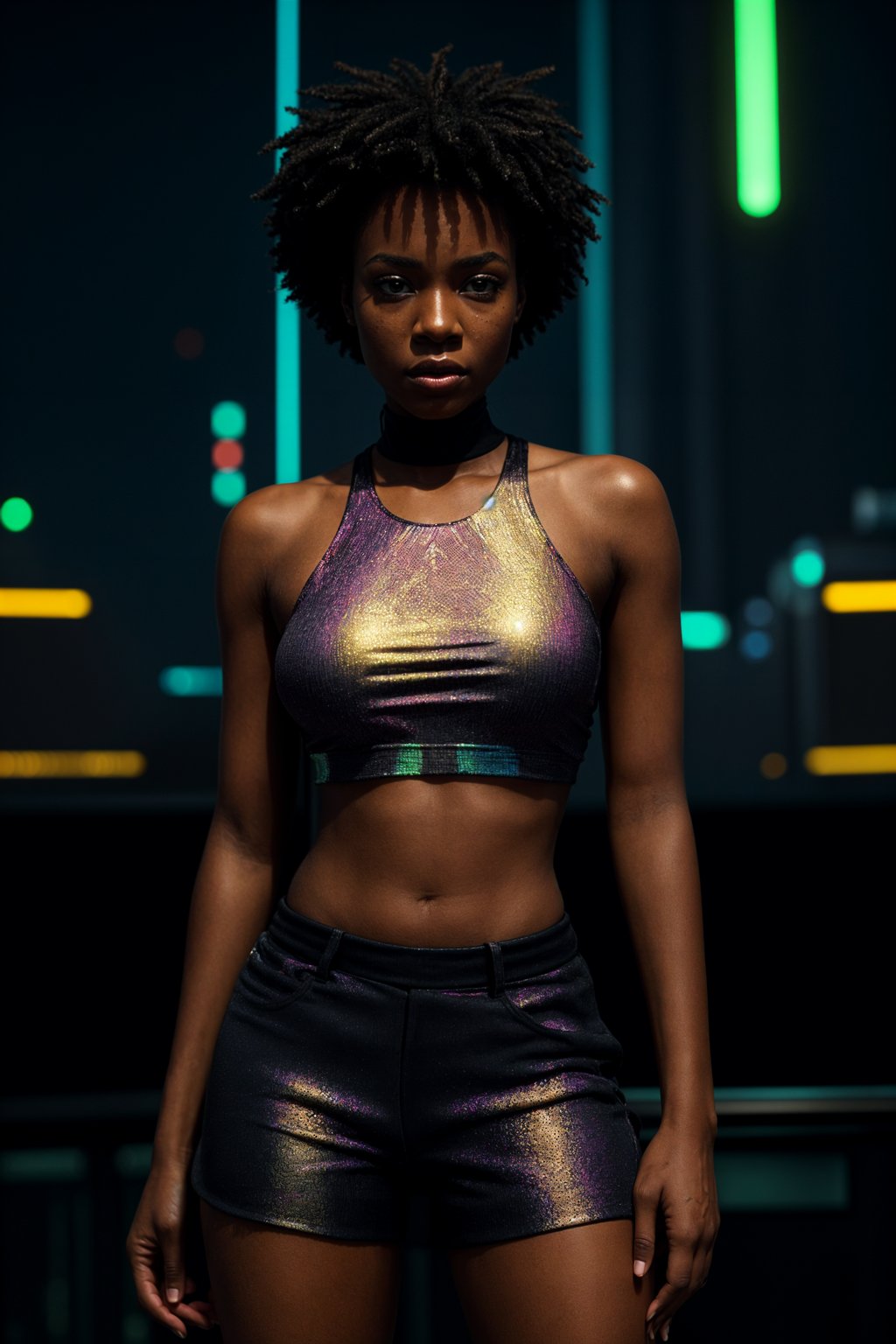 woman wearing holographic crop top and digital shorts  in a neon-lit Bladerunner-inspired cityscape