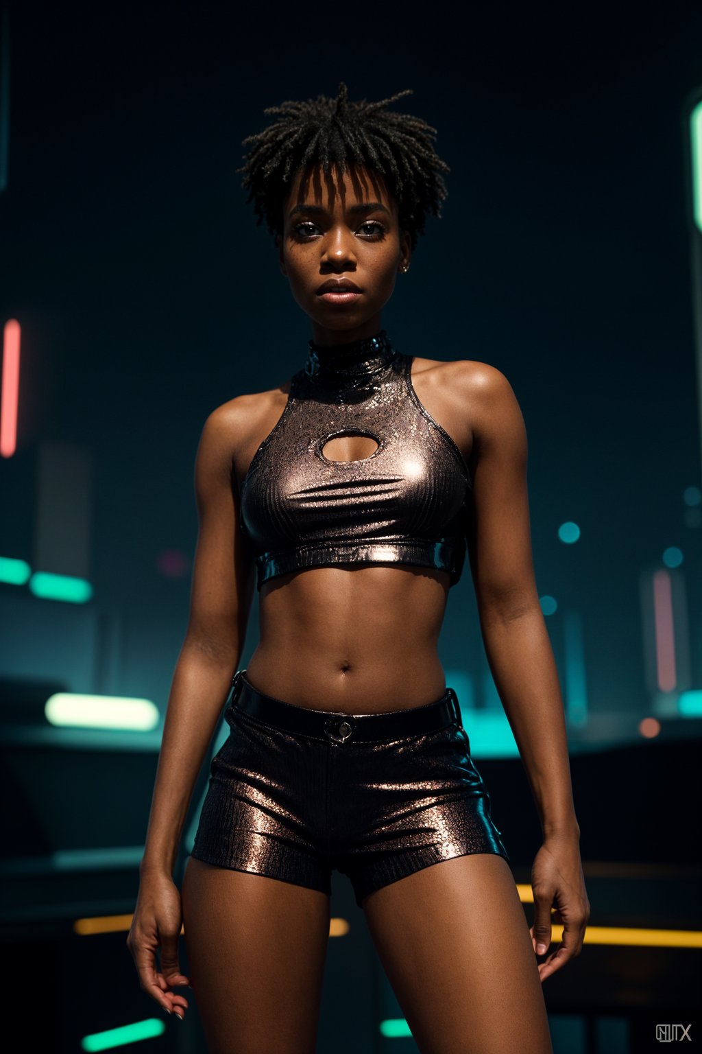 woman wearing holographic crop top and digital shorts  in a neon-lit Bladerunner-inspired cityscape