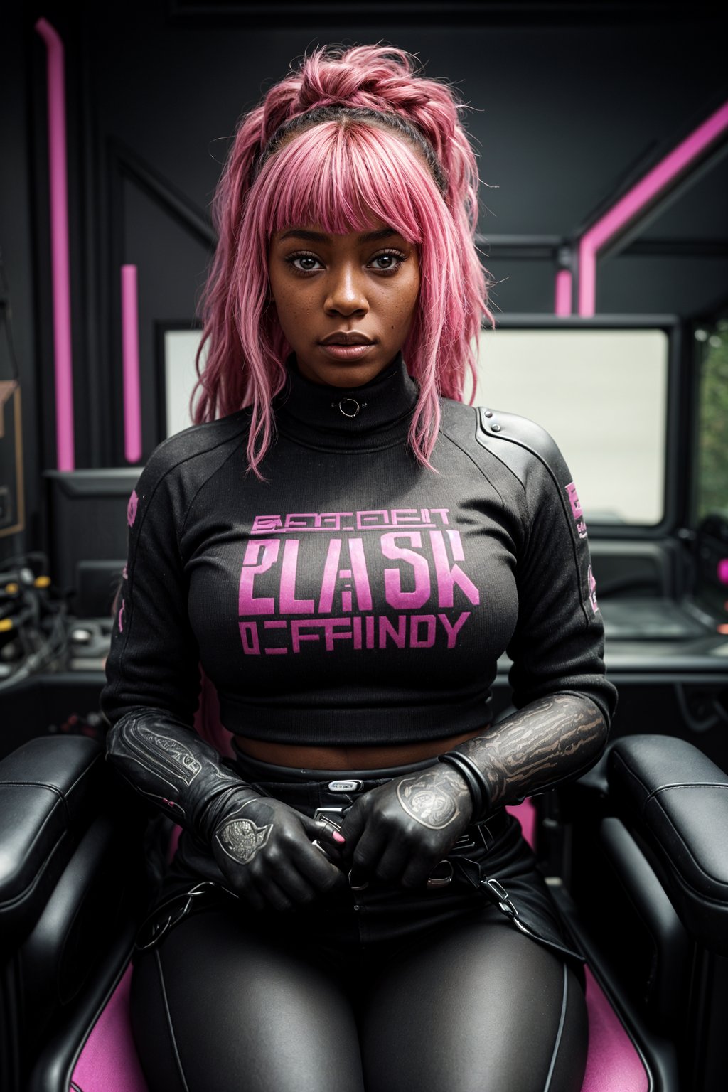 amazingly detailed woman, masterpiece, ultra hd, full shot, dynamic angle, beautiful girl, computer gamer, gaming computer, gaming chair, playing cyberpunk 2077, neon bedroom, streamer setup, , cyberpunk theme, wild long hair, Wavy Cut with Curtain Bangs, bubblegum pink hair, high detail hair, smokey eye shadow, high detail skin, high detail eyes, seductive eyes, smokey makeup