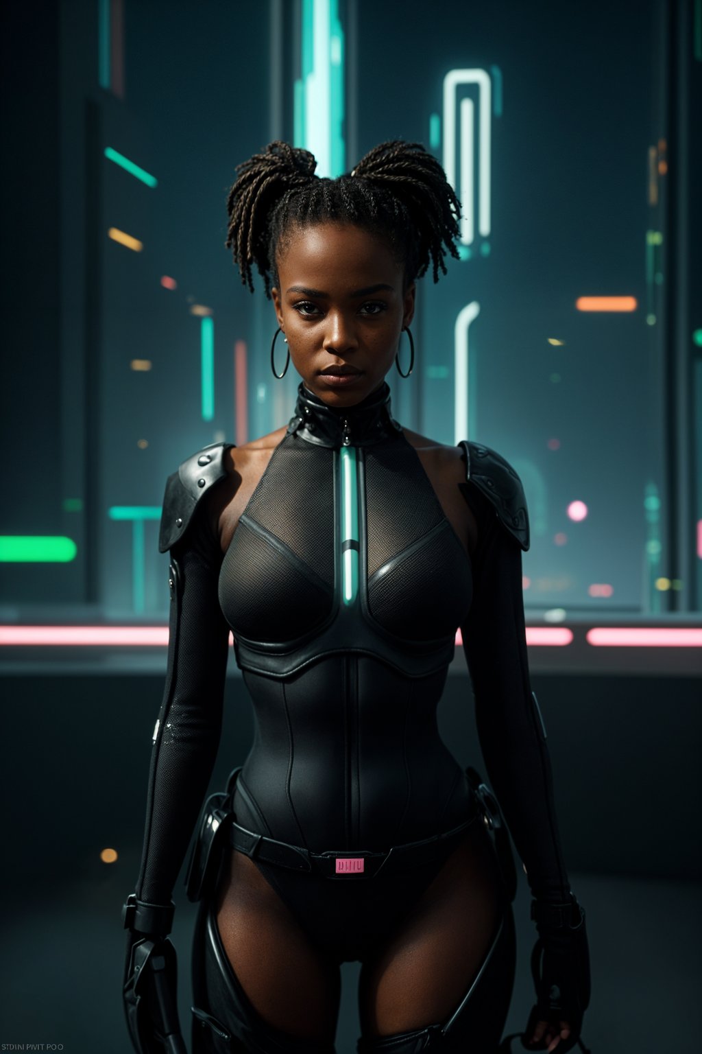 cyberpunk woman with futuristic cyberpunk neon clothes standing in cyberpunk city with neon lights city on Mars in future, neon billboards, skyscrapers