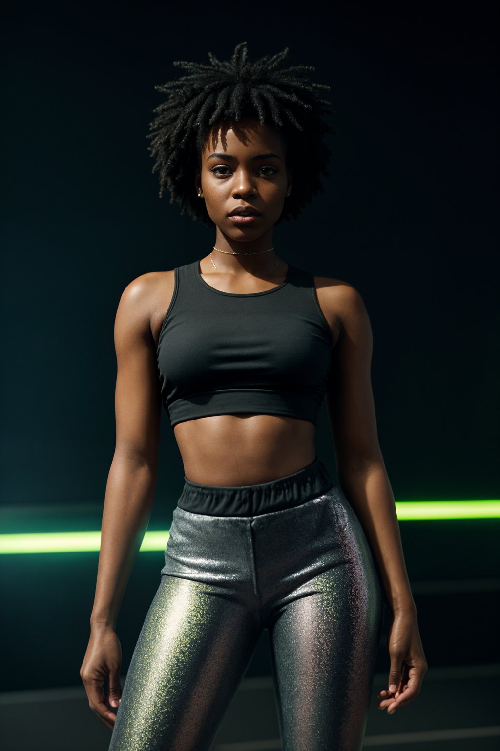 woman wearing sporty neon crop top  and holographic joggers in a dystopian digital cityscape