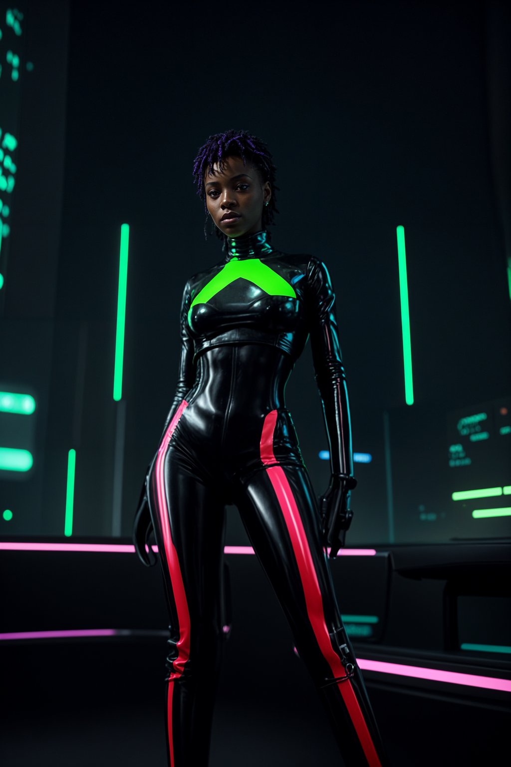 woman wearing sleek leather pants with neon highlights and holographic top in a Bladerunner-inspired cityscape