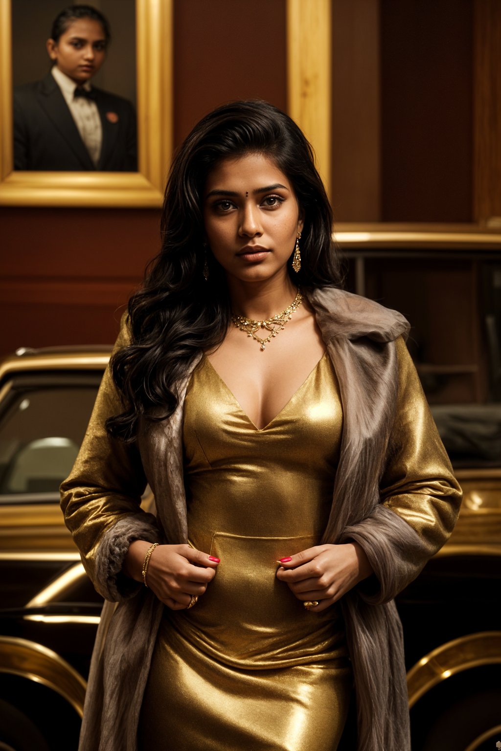 beautiful woman as a mobster, mafia, mafia outfit, faux fur coats, chunky gold jewelry, mafia aesthetic, flashy, glamorous, luxury, loud, Goodfellas, The Sopranos, Mob Wives, opulence, confidence