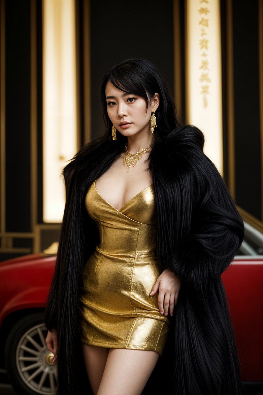 beautiful woman as a mobster, mafia, mafia outfit, faux fur coats, chunky gold jewelry, mafia aesthetic, flashy, glamorous, luxury, loud, Goodfellas, The Sopranos, Mob Wives, opulence, confidence