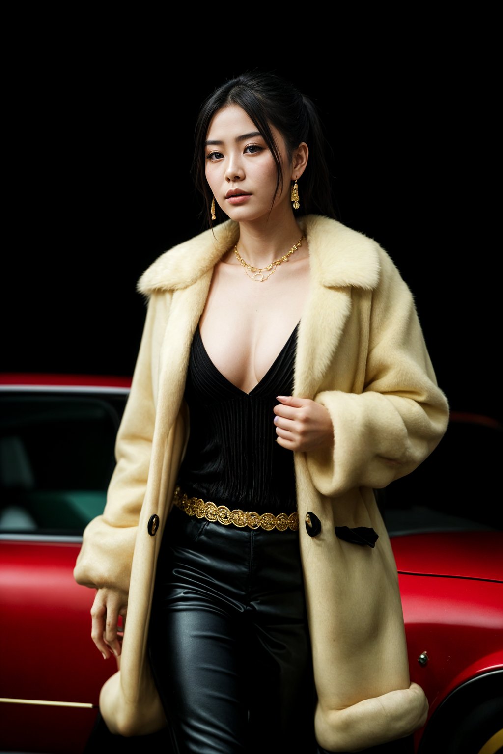 beautiful woman as a mobster, mafia, mafia outfit, faux fur coats, chunky gold jewelry, mafia aesthetic, flashy, glamorous, luxury, loud, Goodfellas, The Sopranos, Mob Wives, opulence, confidence