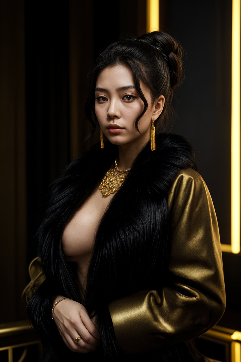 beautiful woman as a mobster, mafia, mafia outfit, faux fur coats, chunky gold jewelry, mafia aesthetic, flashy, glamorous, luxury, loud, Goodfellas, The Sopranos, Mob Wives, opulence, confidence