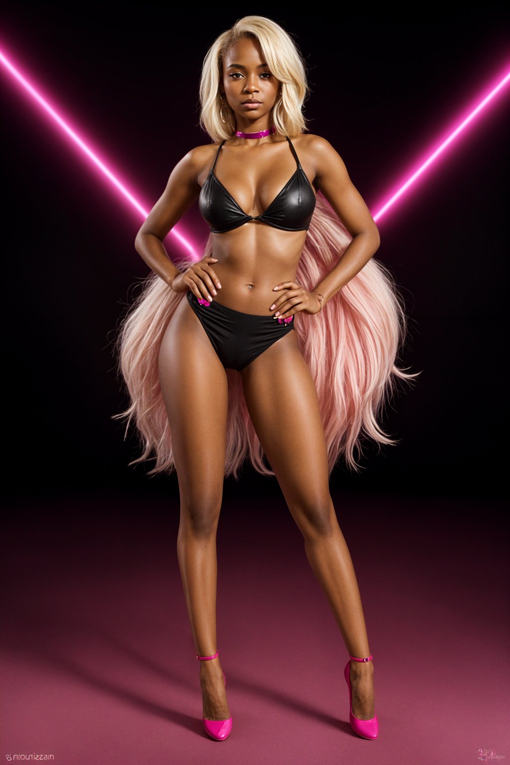 full body shot of sexy woman dressed up in full hot pink with Barbie clothes platinum blonde hair, hot pink style