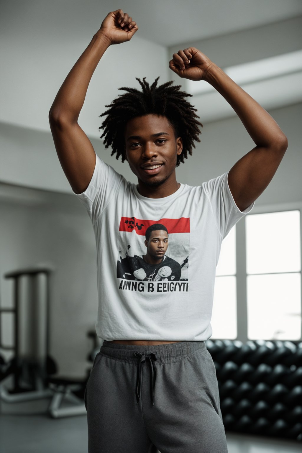 smiling man wearing  t-shirt and gym shorts in try on fashion shoot for Zara Shein H&M