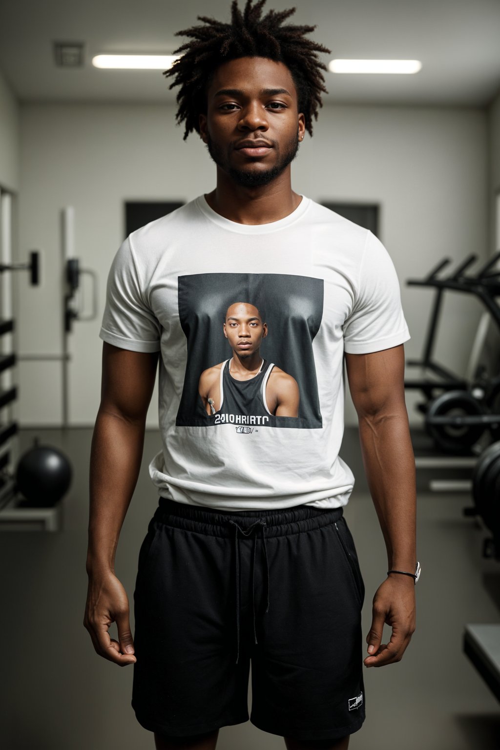 smiling man wearing  t-shirt and gym shorts in try on fashion shoot for Zara Shein H&M