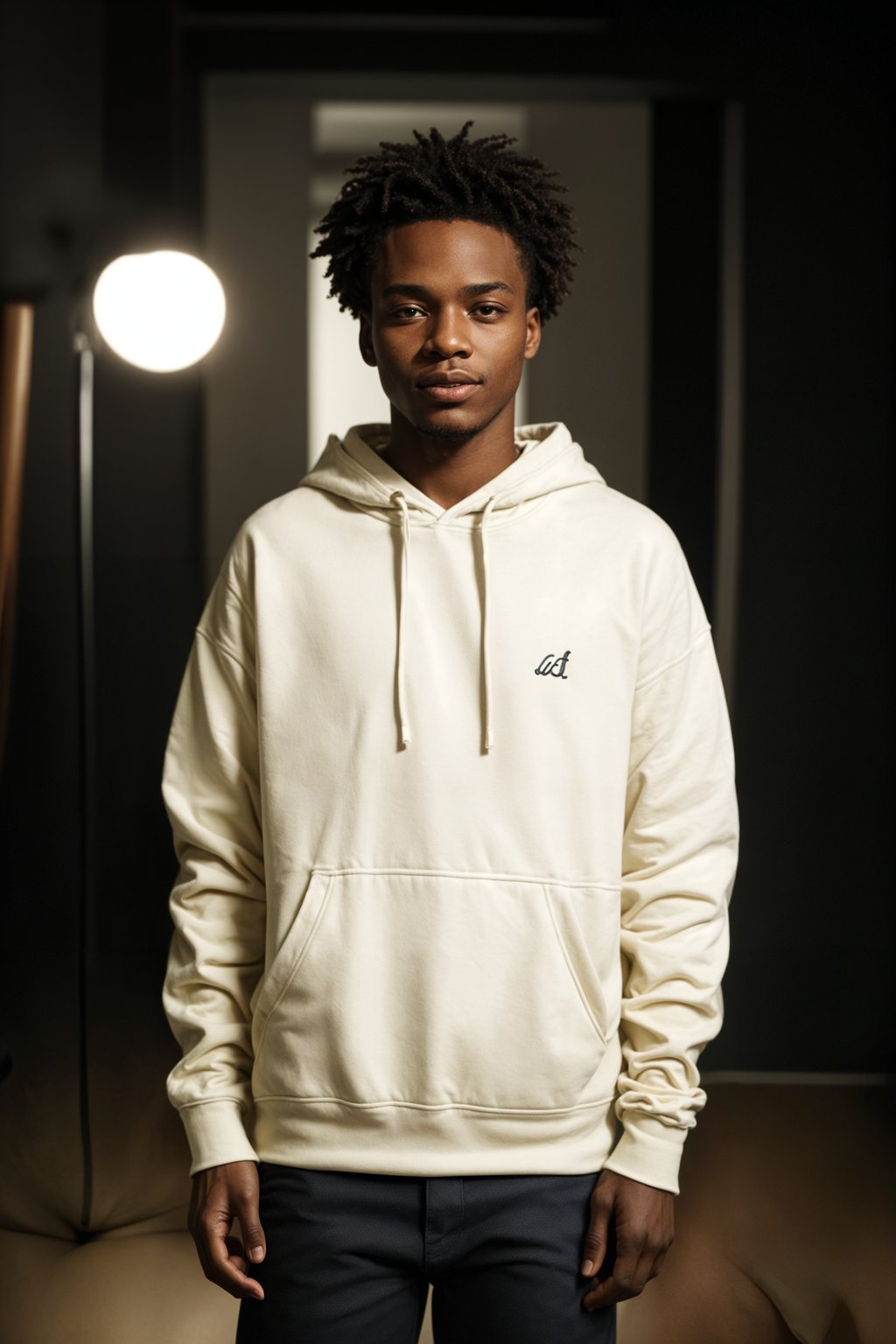 smiling man wearing  cream hoodie in try on fashion shoot for Zara Shein H&M