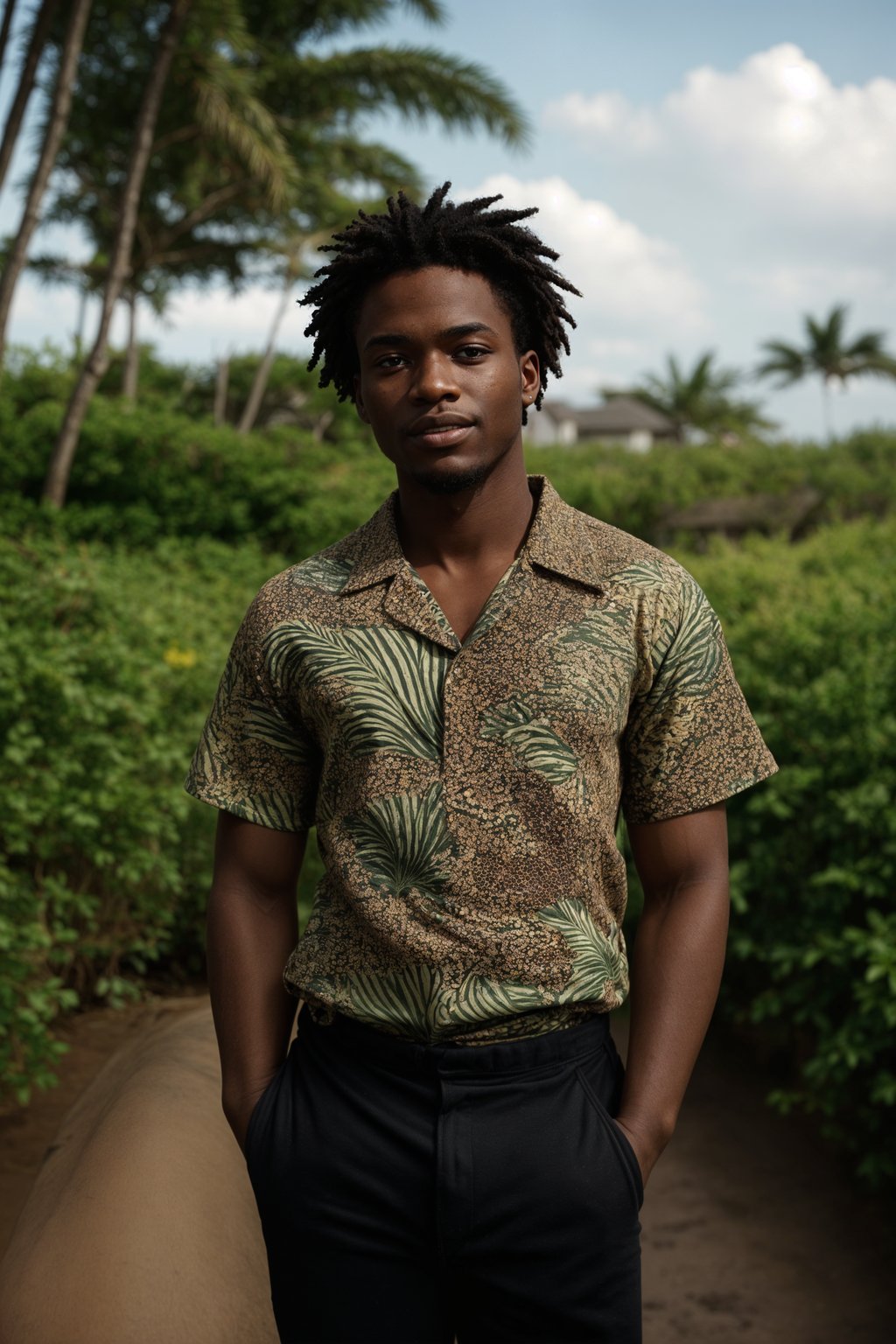 smiling man wearing  hawaii shirt in try on fashion shoot for Zara Shein H&M