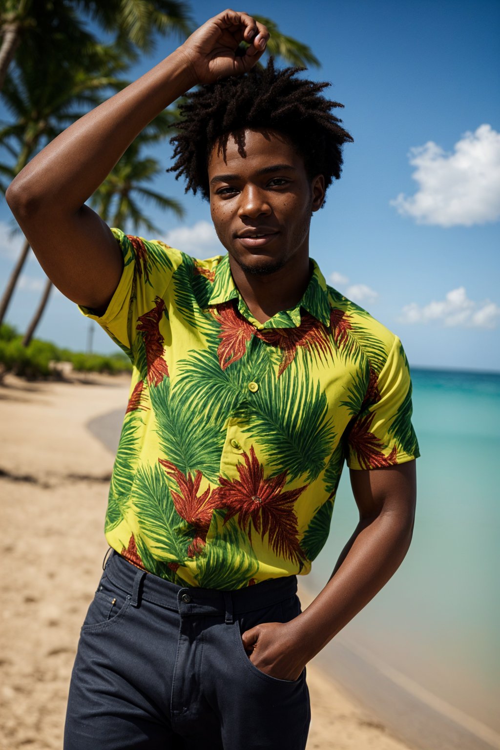 smiling man wearing  hawaii shirt in try on fashion shoot for Zara Shein H&M