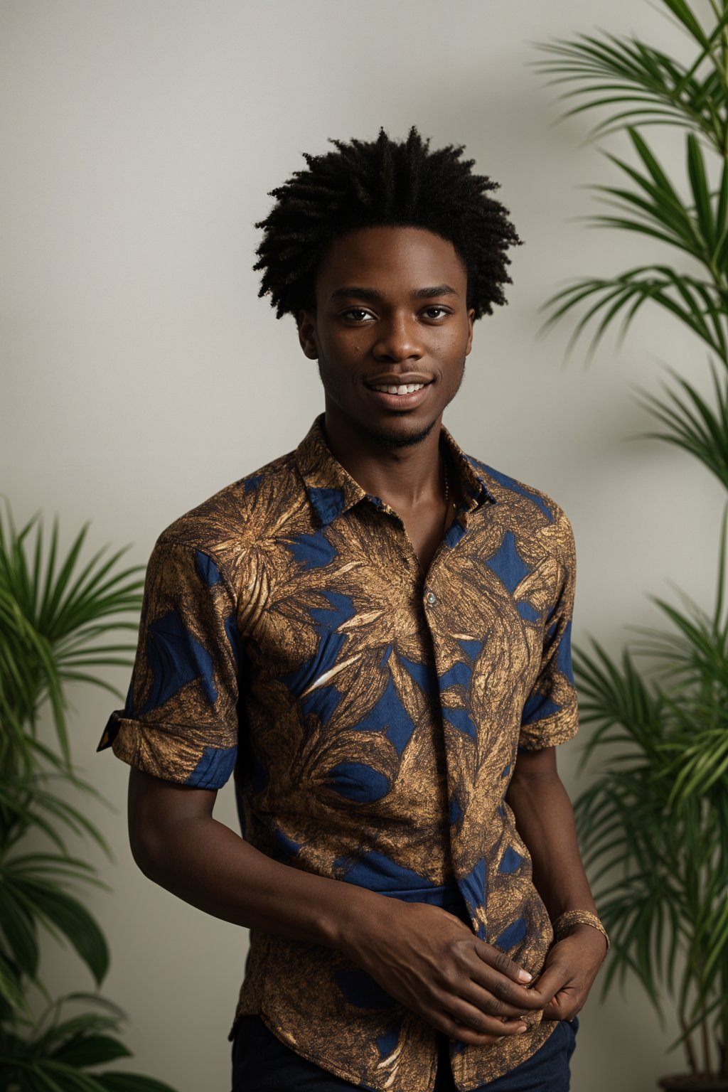 smiling man wearing  floral silk shirt in try on fashion shoot for Zara Shein H&M