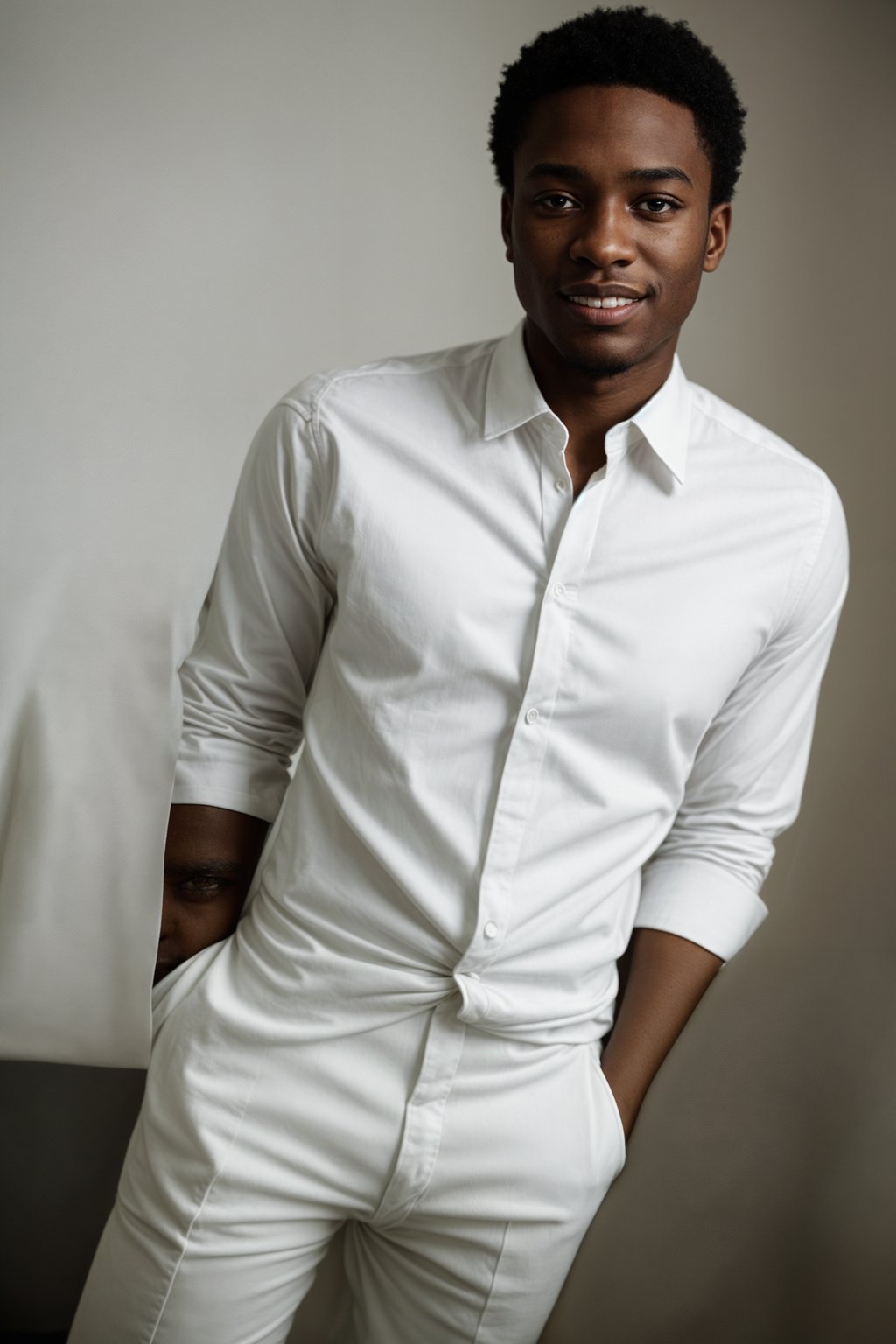 smiling man wearing  white collar shirt in try on fashion shoot for Zara Shein H&M