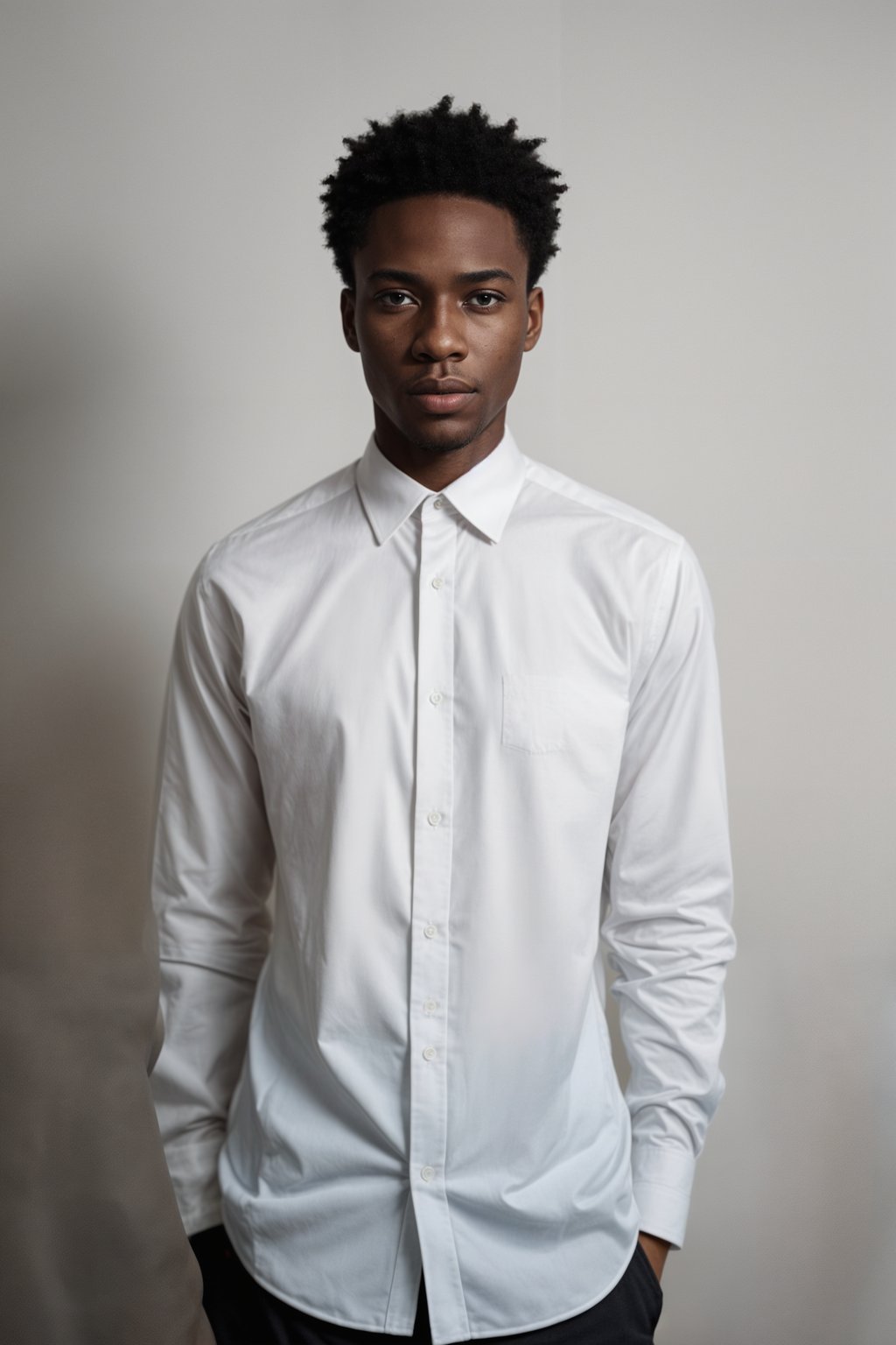 smiling man wearing  white collar shirt in try on fashion shoot for Zara Shein H&M