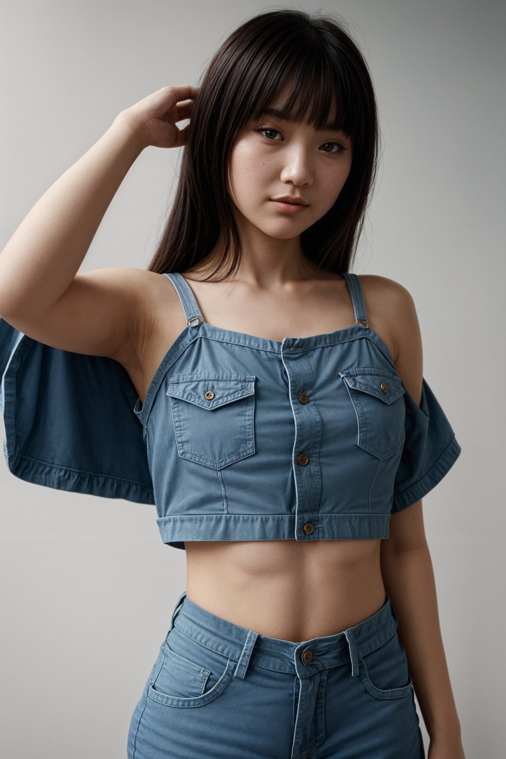 smiling woman wearing crop top and denim shorts  in try on fashion shoot for Zara Shein H&M