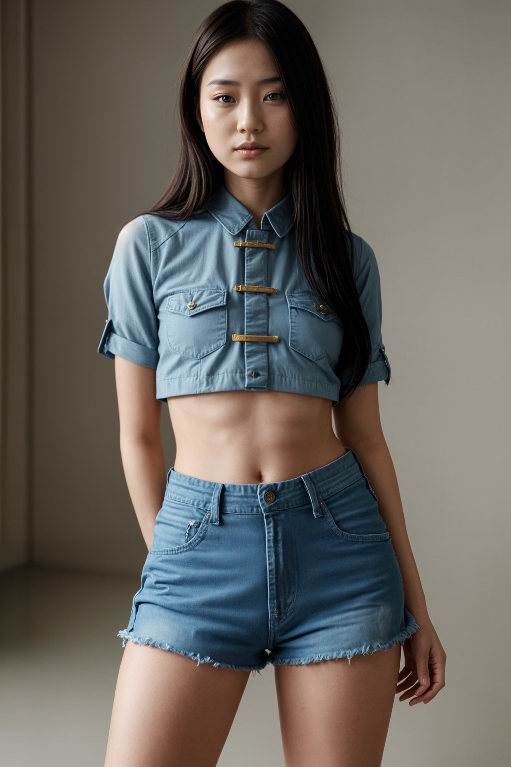 smiling woman wearing crop top and denim shorts  in try on fashion shoot for Zara Shein H&M