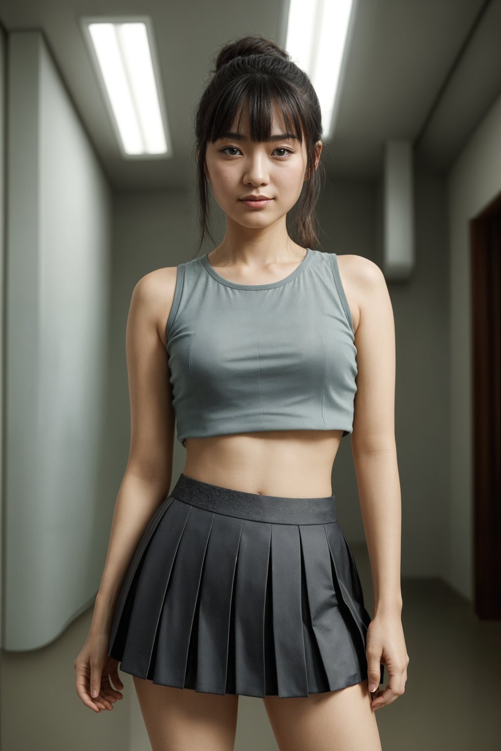 smiling woman wearing crop top and short pleated skirt  in try on fashion shoot for Zara Shein H&M