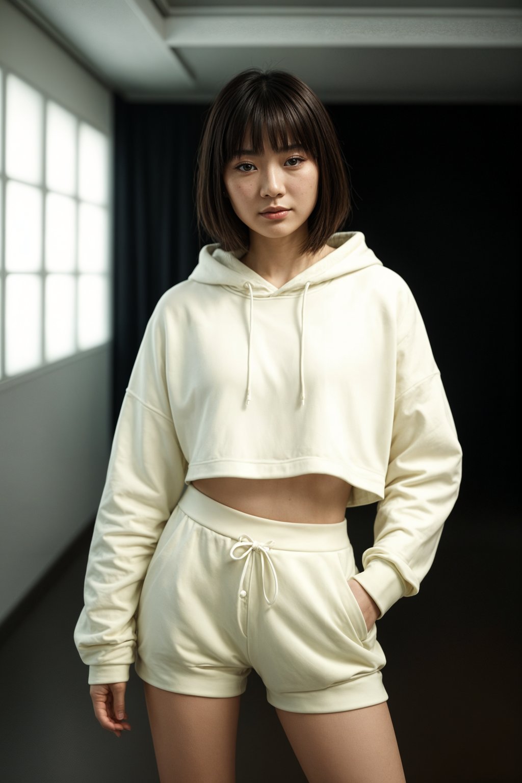 smiling woman wearing cropped cream hoodie  in try on fashion shoot for Zara Shein H&M